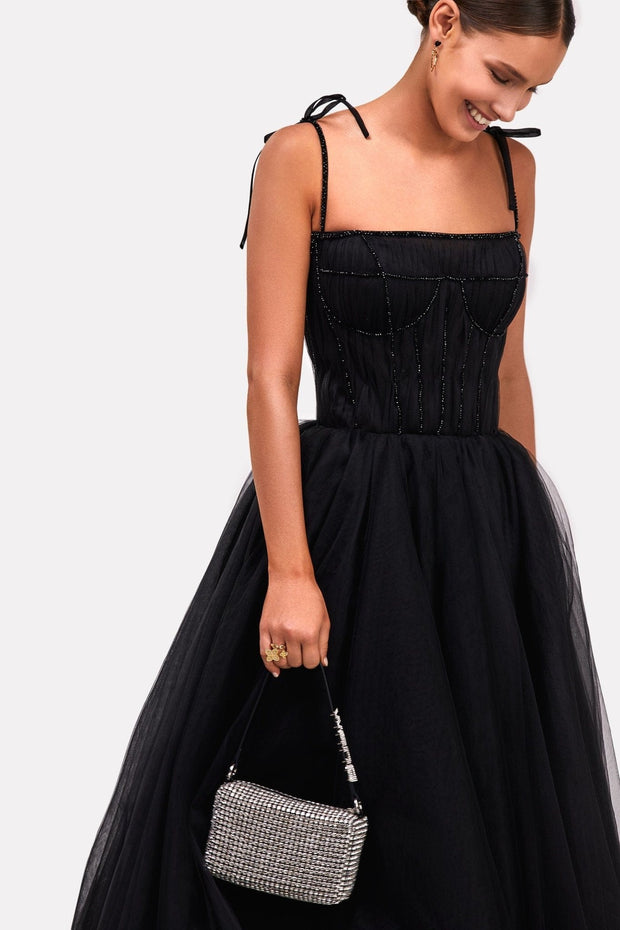 Black Tie-strap cocktail dress with the elegant corset embroidery - Milla