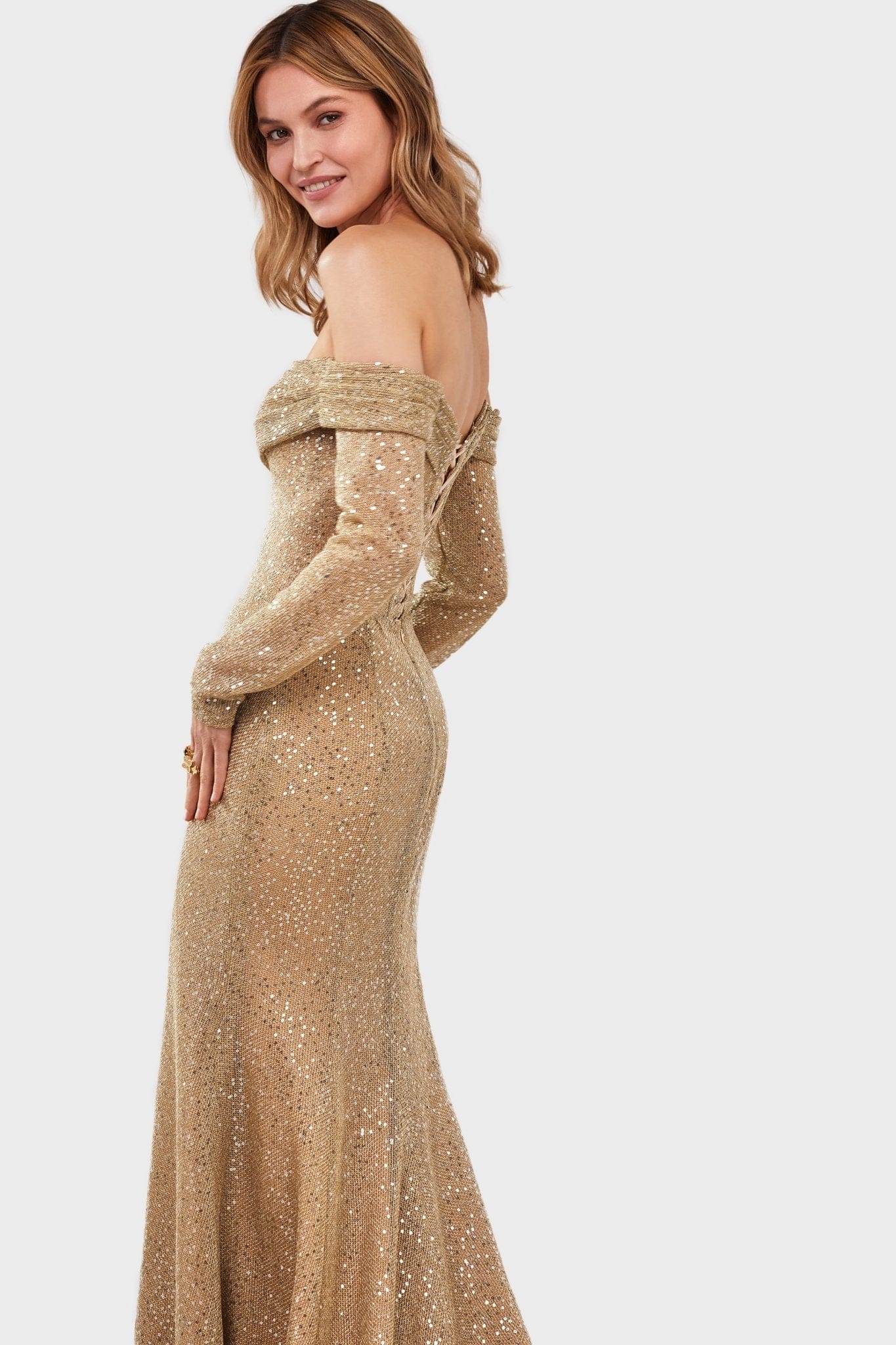 Golden Romantic off-the-shoulder sparkling long dress - Milla