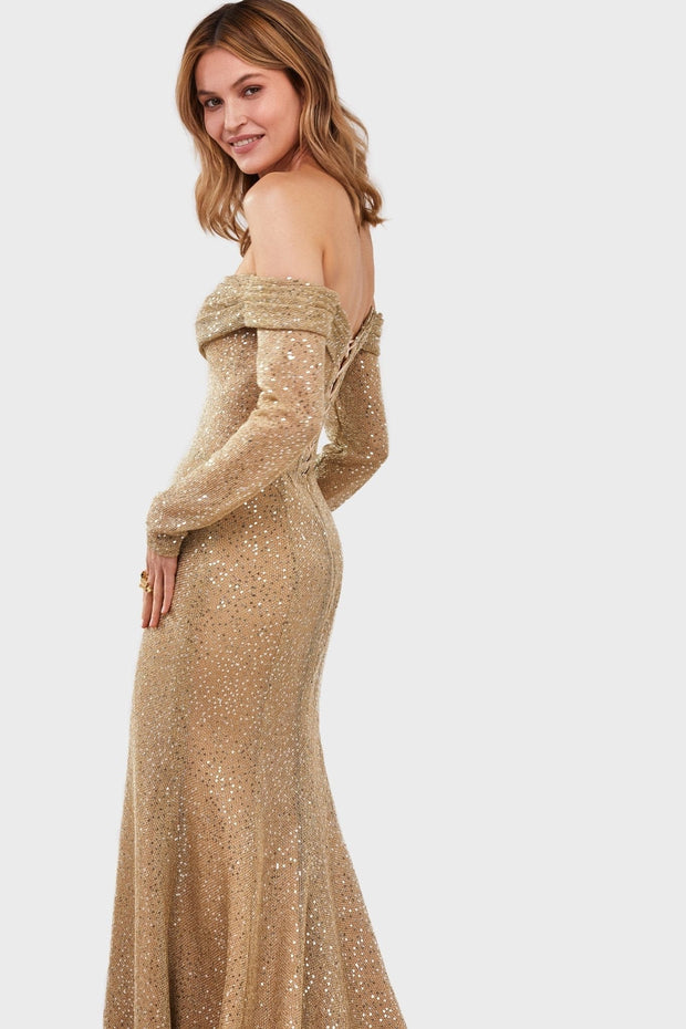 Champagne Gold Off-shoulder Lace Top A-line Side-slit Long Prom Dress, –  SposaBridal