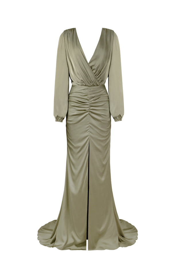 Fancy olive silk maxi evening dress