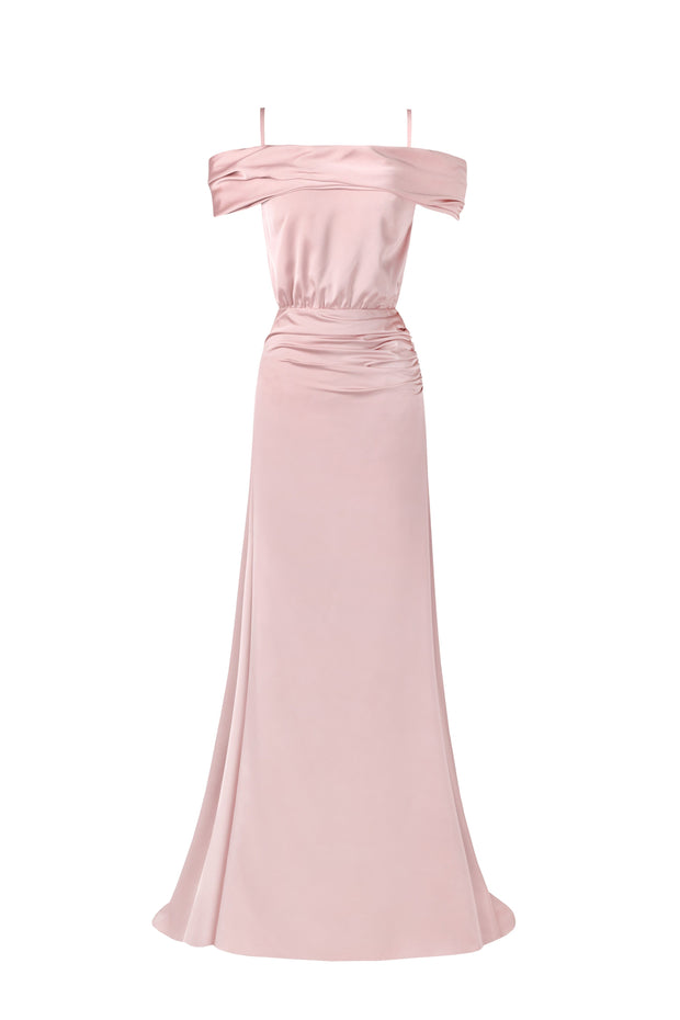 Elegant misty rose off-the-shoulder silk maxi dress