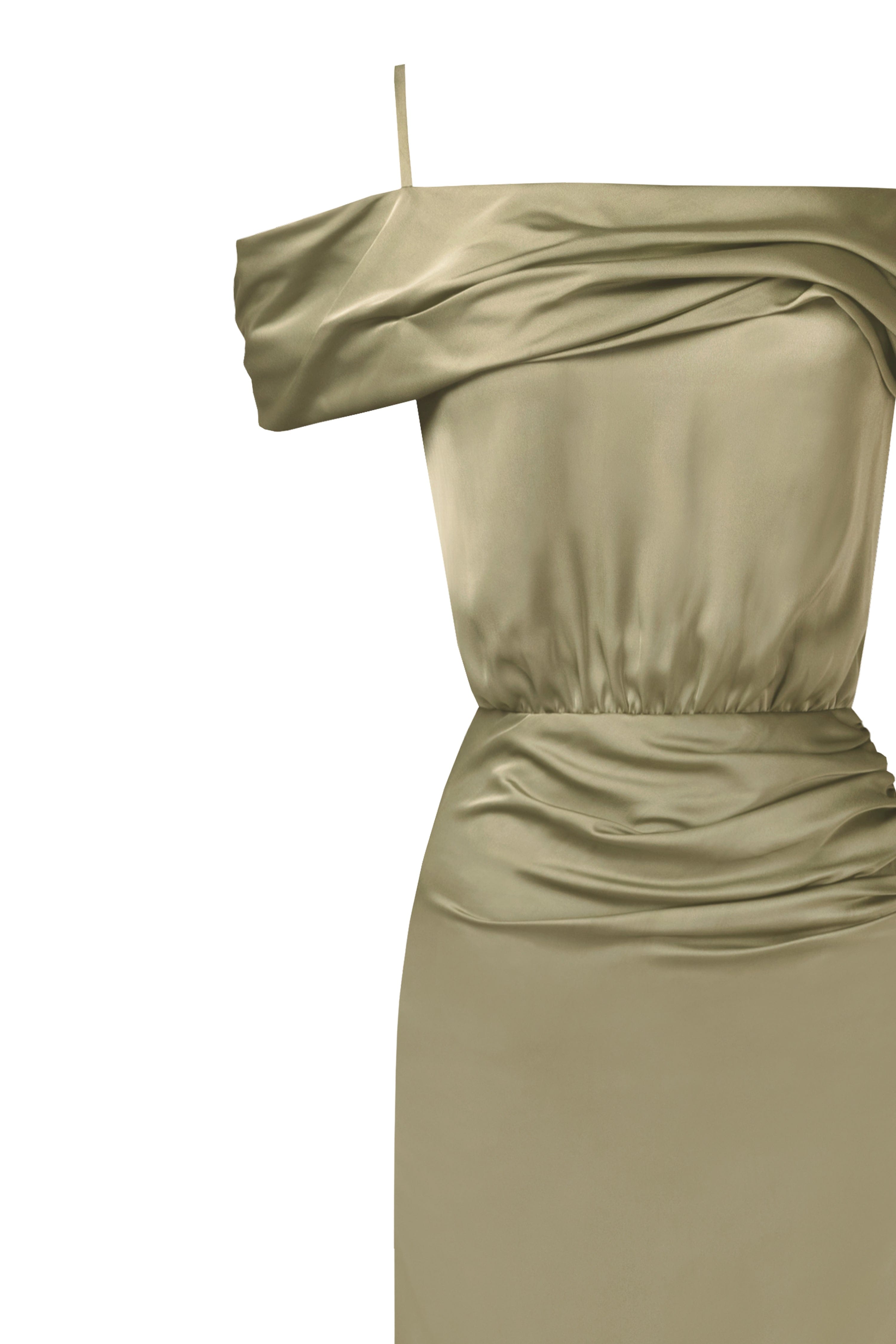 فستان ماكسي أنيق من الحرير الزيتوني بأكتاف مكشوفة