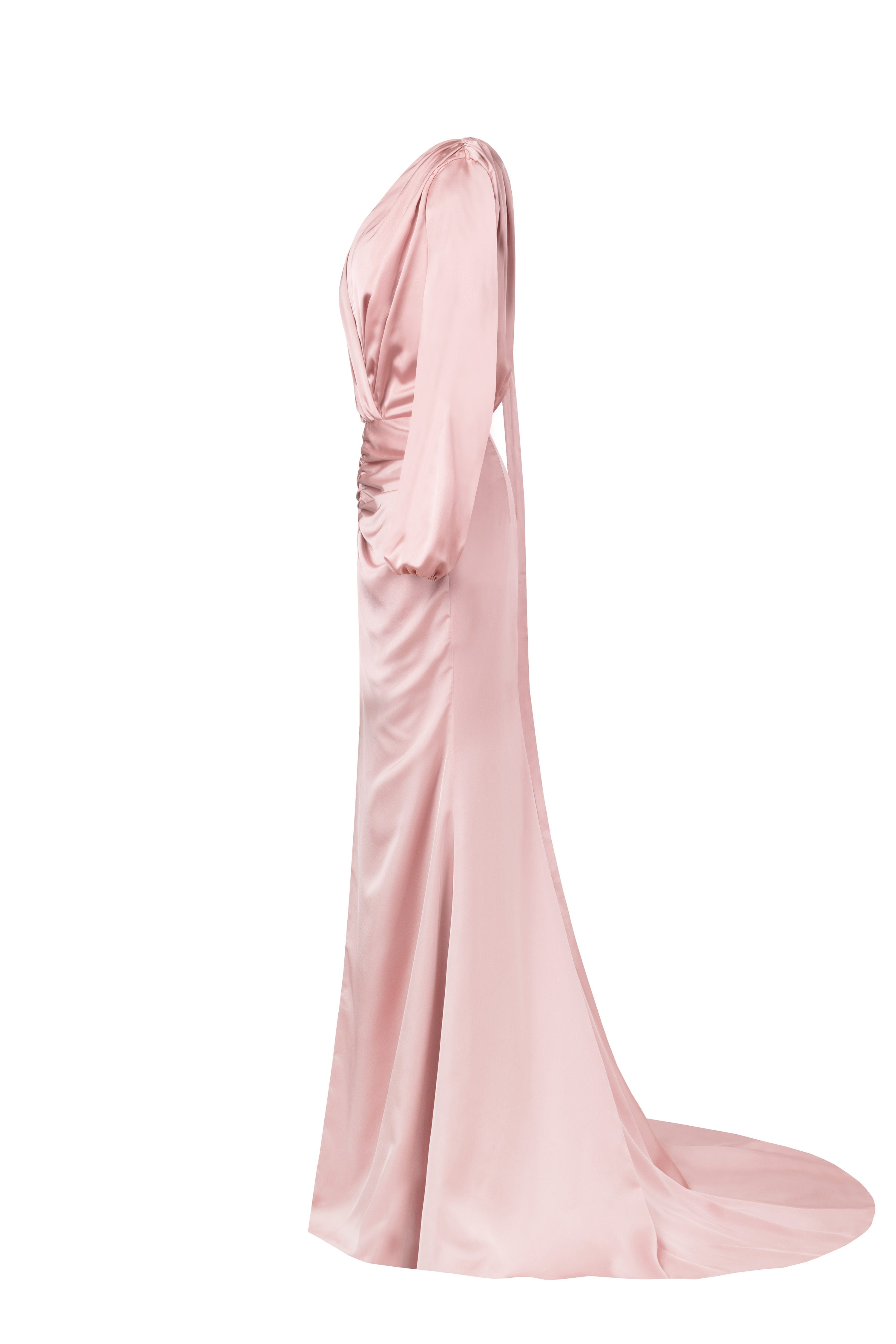 فستان سهرة طويل من الحرير الوردي الغامق