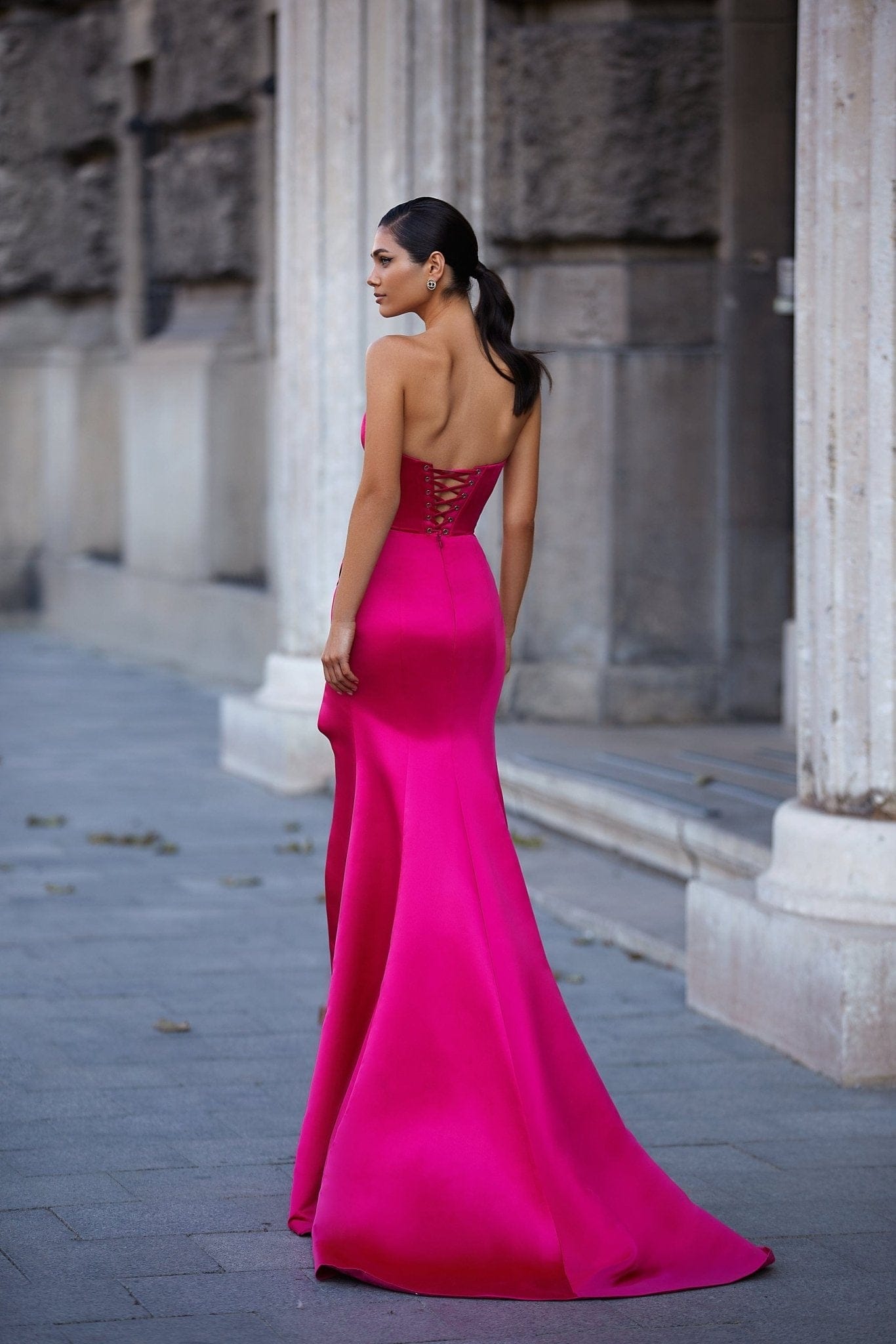 Fuchsia Strapless evening gown with thigh slit - Milla