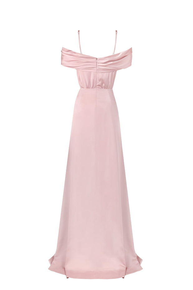 Elegant misty rose off-the-shoulder silk maxi dress