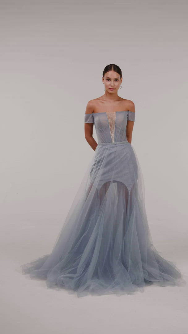 Long off-the-shoulder prom dress with inner skirt