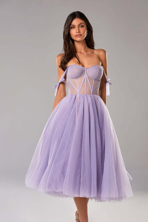 Lavender Tie shoulder midi tulle dress - Milla