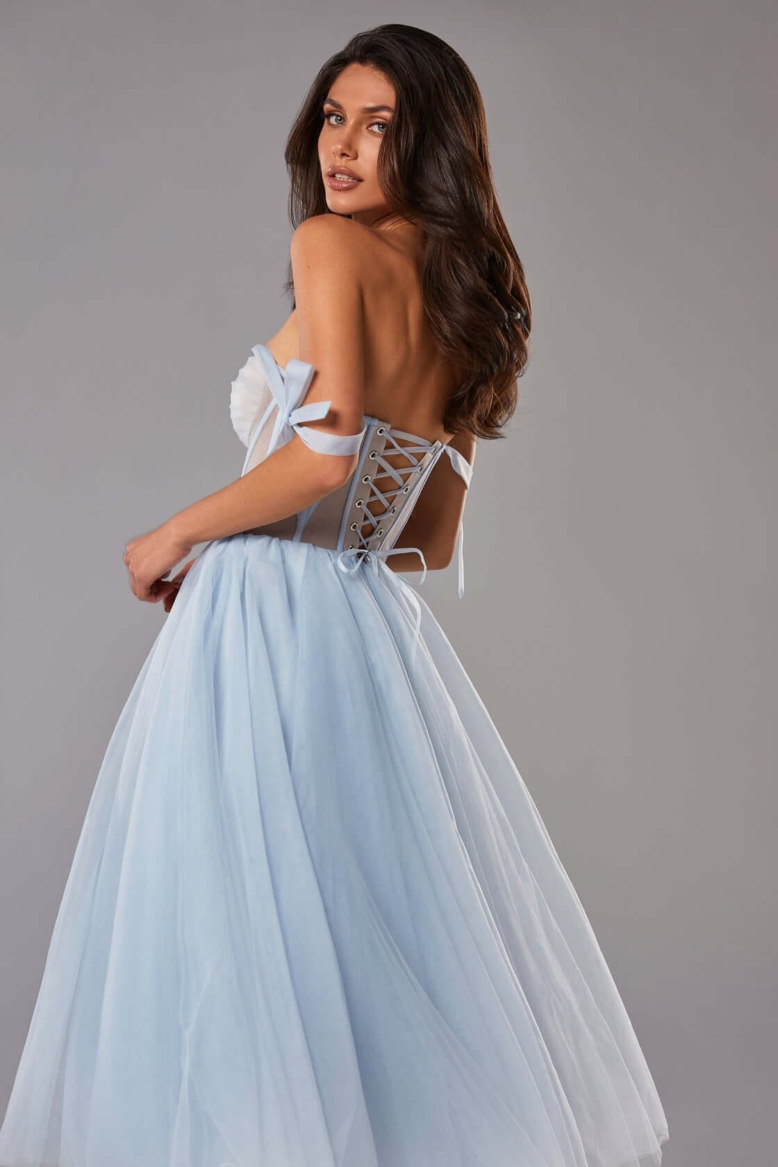 Ontario Maxi Dress - Off Shoulder Corset Bodice Tulle Dress in Light Blue