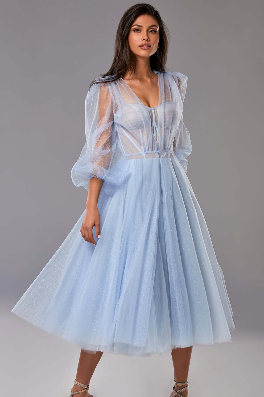Light Blue Tie shoulder midi tulle dress Milla Dresses - USA, Worldwide ...