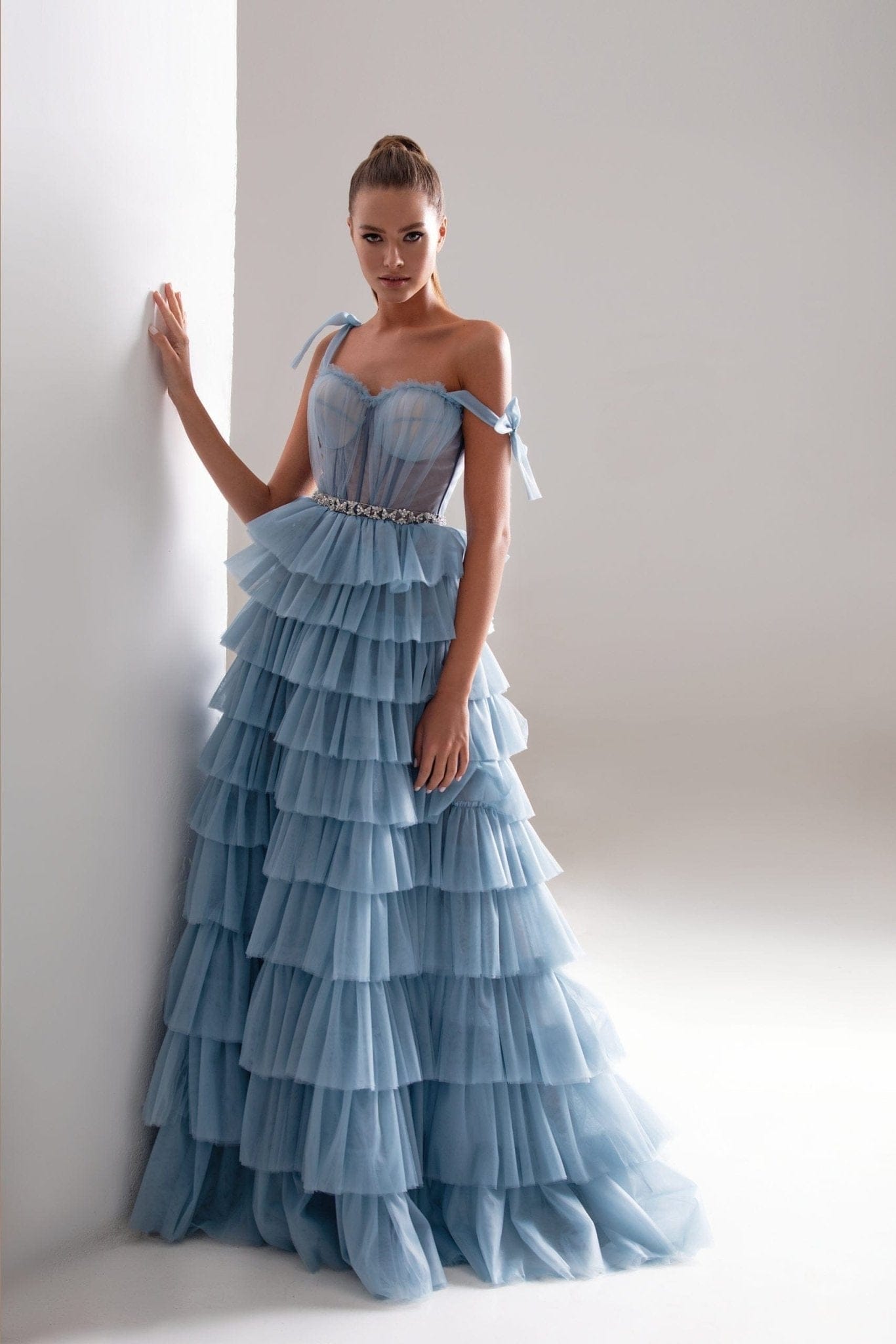 GL 2991 - A-Line Ball Gown with Beaded Bodice Layered Tulle Skirt & Rh –  Diggz Formals