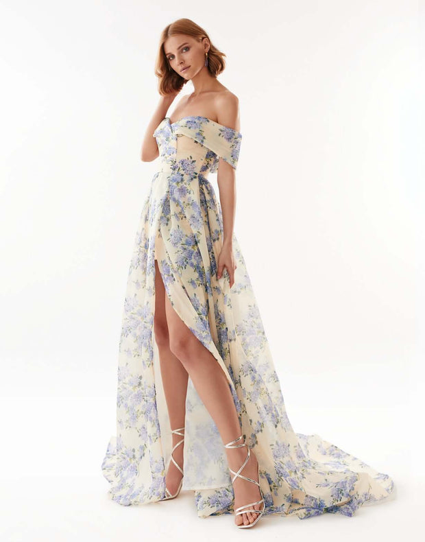 Hydrangea Chic off-the-shoulder floral maxi dress - Milla