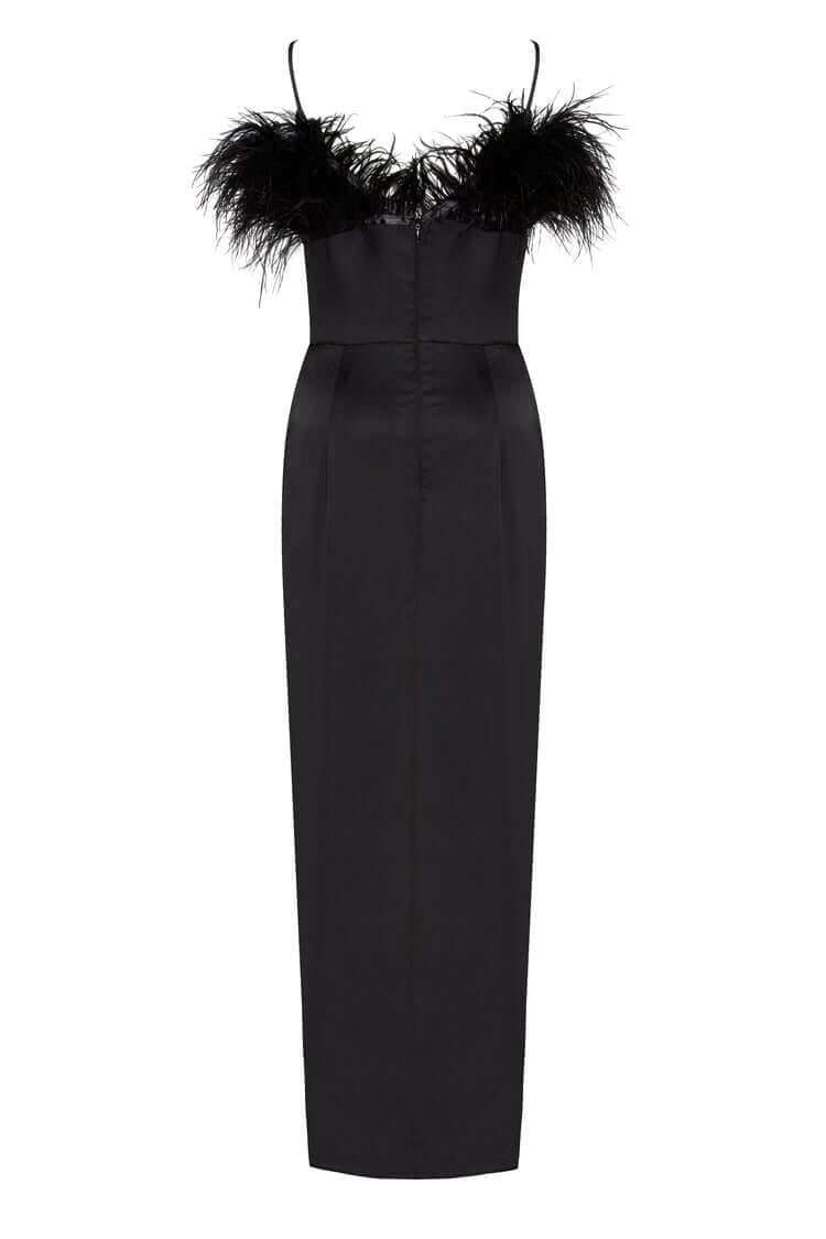 Black Celina Slip Midi Feathered Dress - Milla