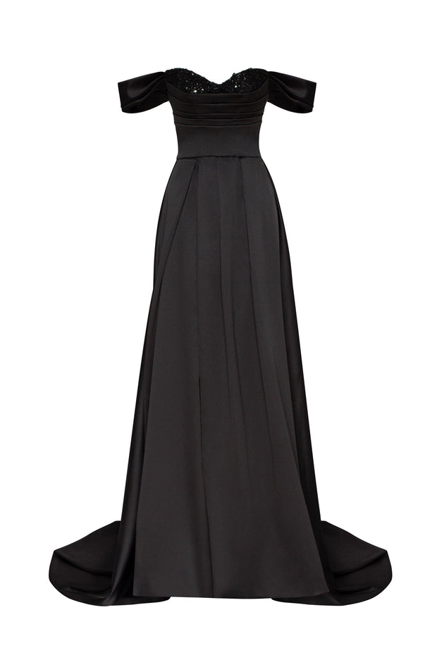Milla Black Princess strapless gown with thigh slit | Coveti