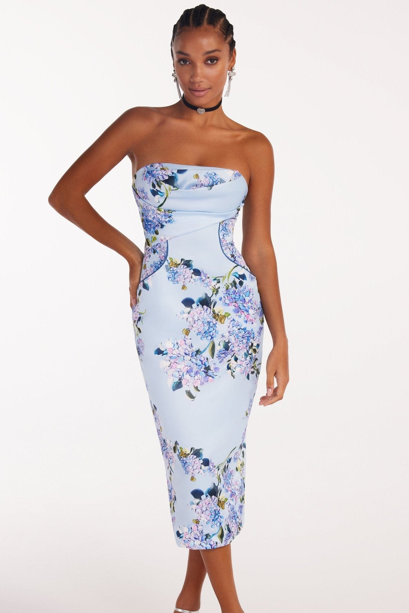 Blue Hydrangea puff-sleeve midi dress Milla Dresses - USA, Worldwide ...