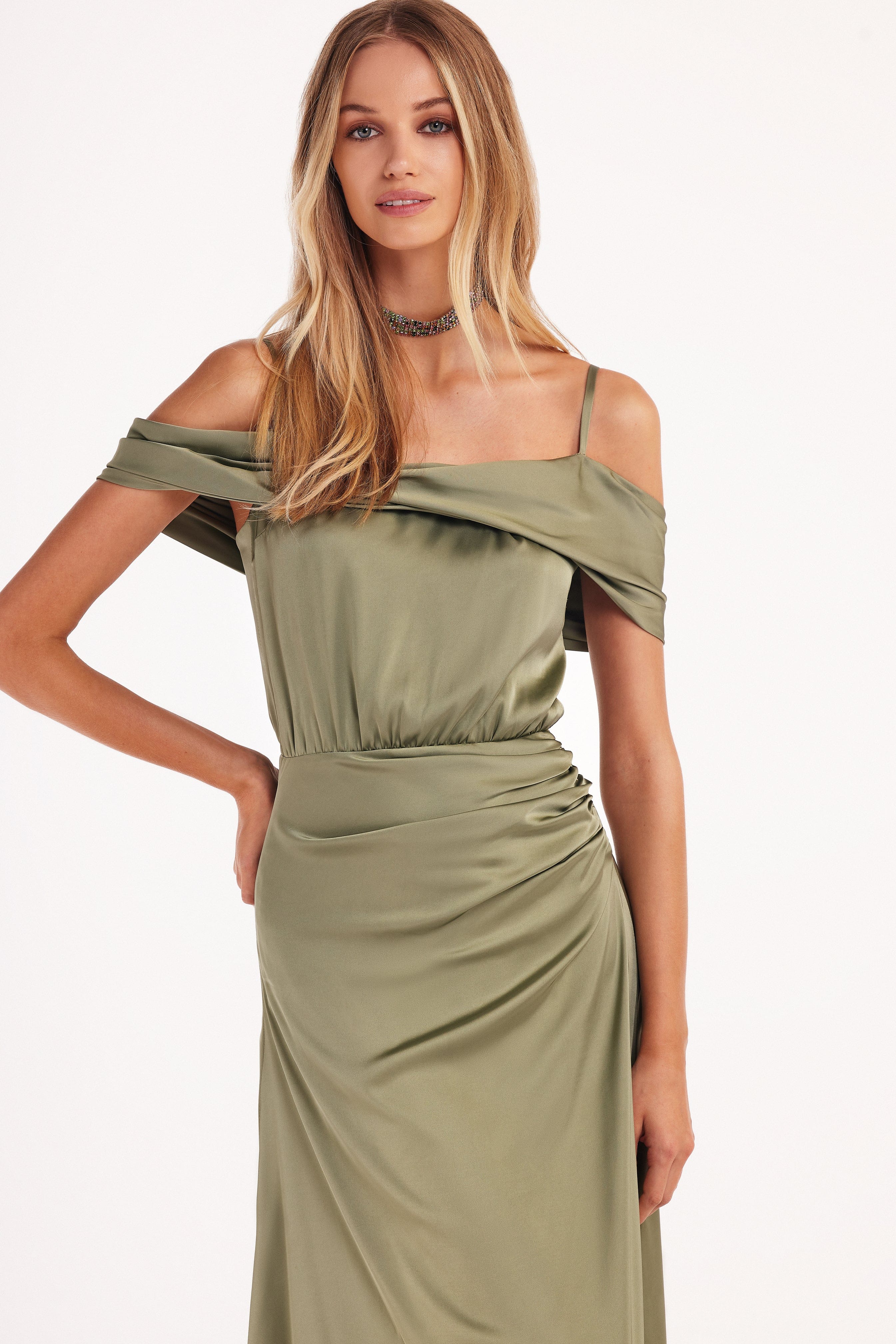 Elegant olive off-the-shoulder silk maxi dress