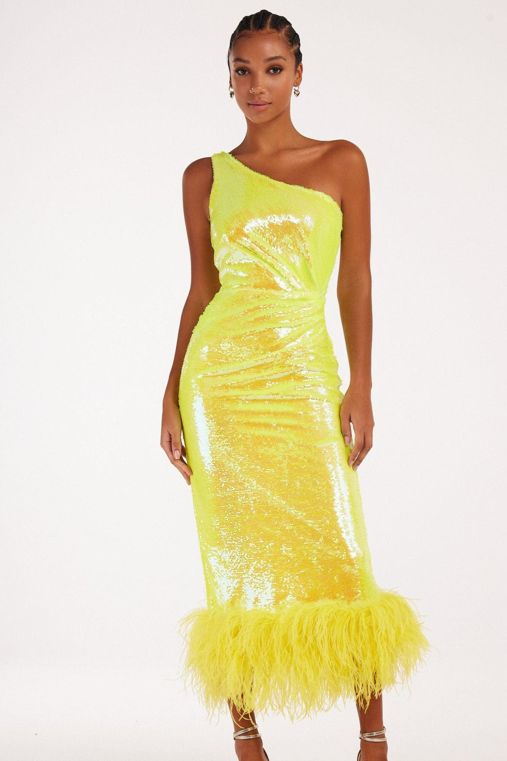 Vivid one-shoulder yellow sparkling wrapped midi dress - Milla