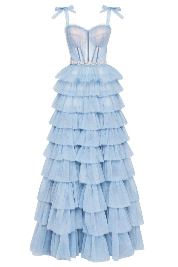Light Blue Romantic Frill-Layered Tulle Dress - Milla