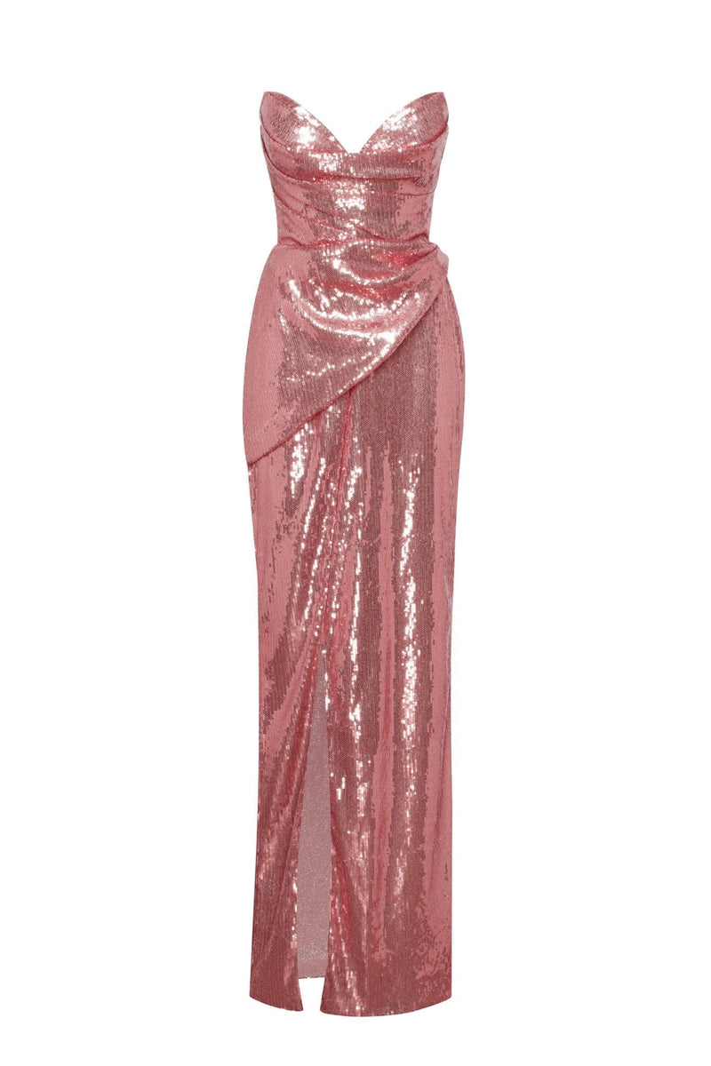 Sequined strapless evening gown in rose color with a thigh slit Milla ...