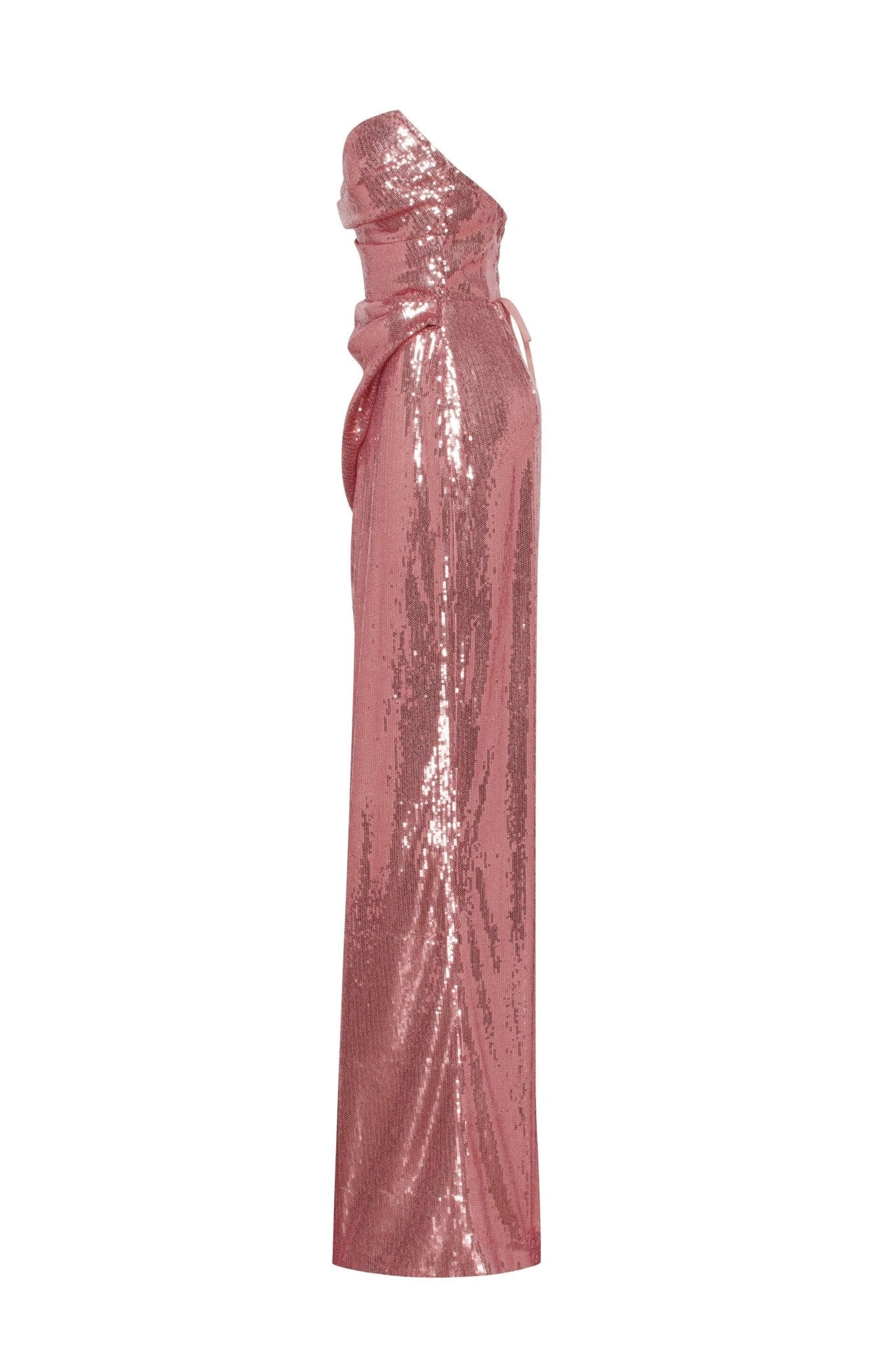 Sequined strapless evening gown in rose color with a thigh slit - Milla