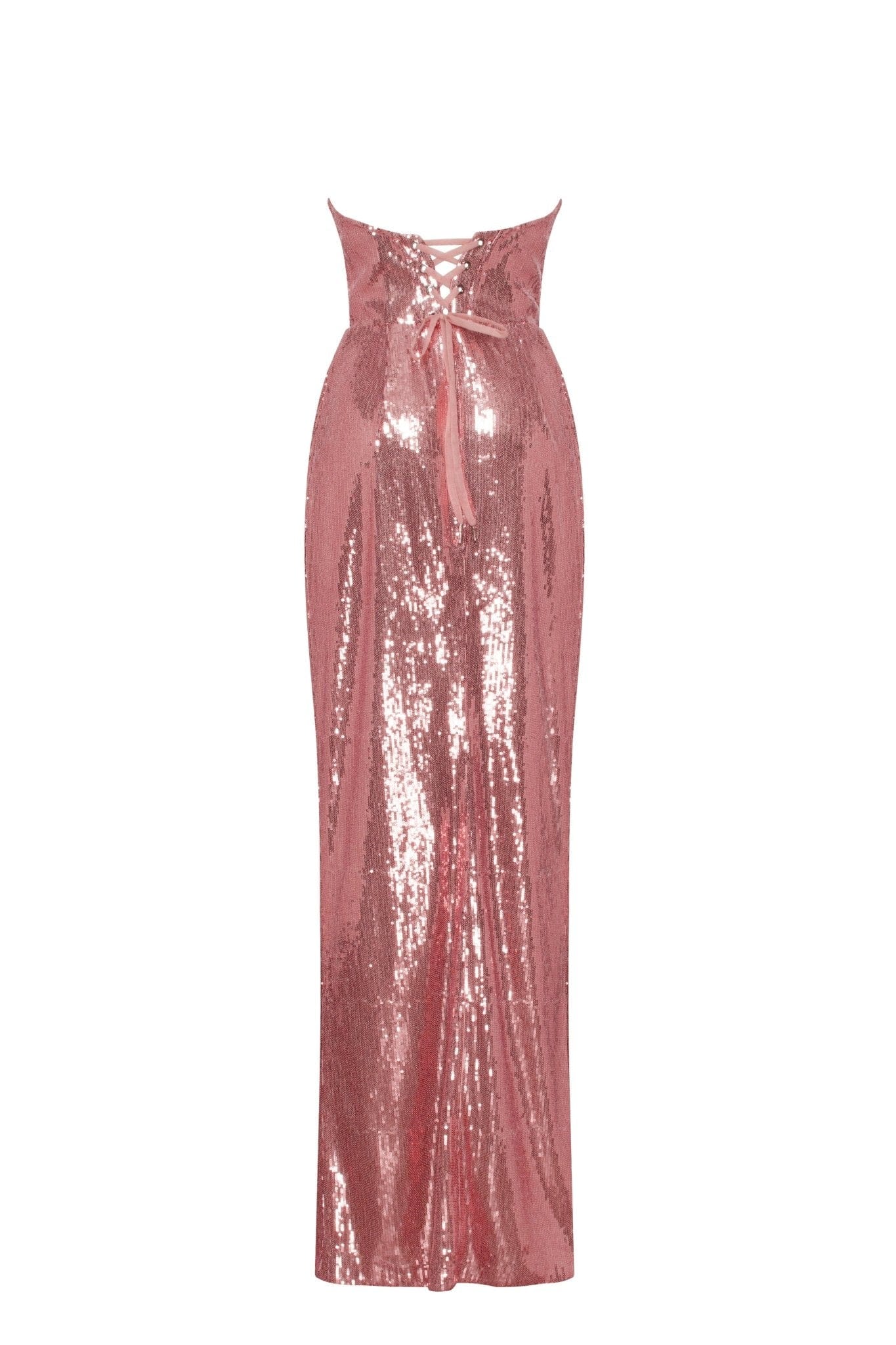 Sequined strapless evening gown in rose color with a thigh slit - Milla