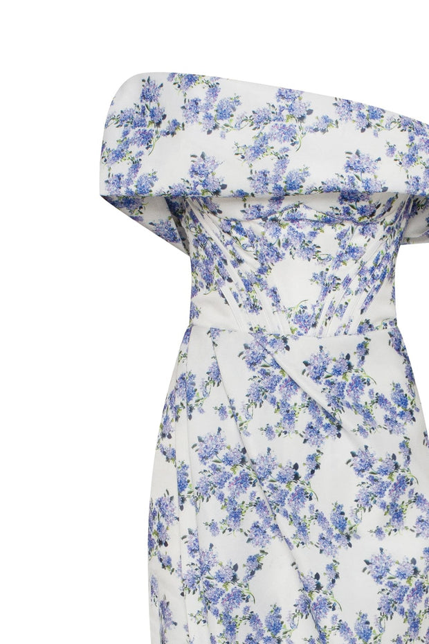 Blue Hydrangea off-shoulder satin dress - Milla