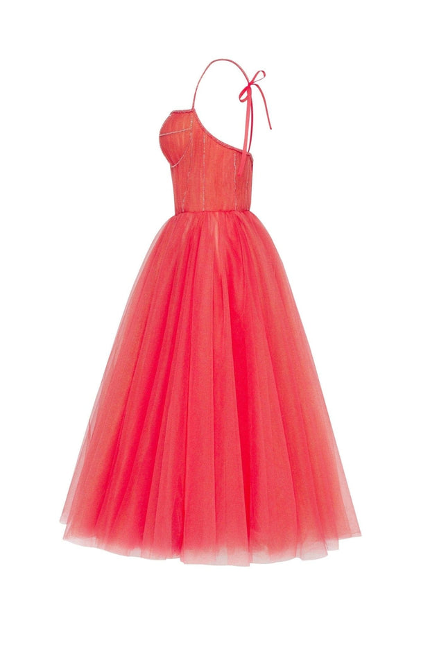 Coral Tie-strap cocktail dress with the elegant corset embroidery - Milla