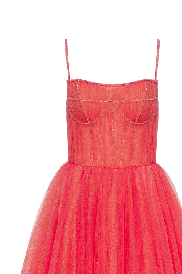 Coral Tie-strap cocktail dress with the elegant corset embroidery - Milla