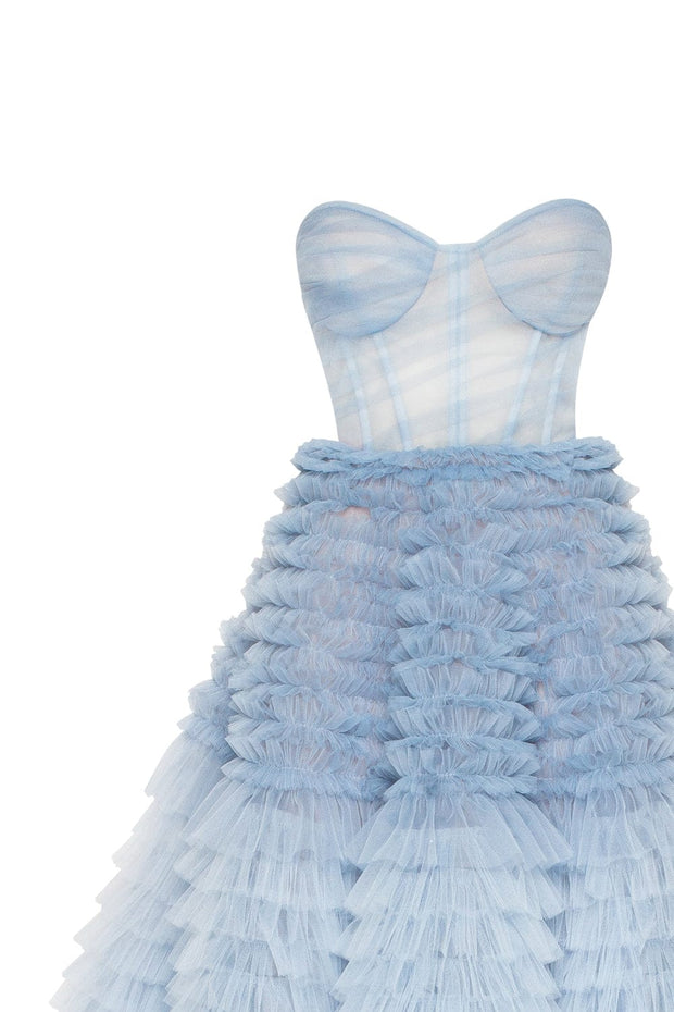 Light Blue Strapless Frill-Layered Fluffy Dress - Milla