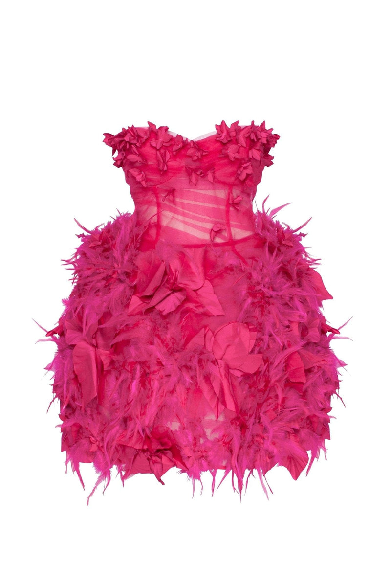 Epic fuchsia tulle mini dress with floral and feather application Milla ...