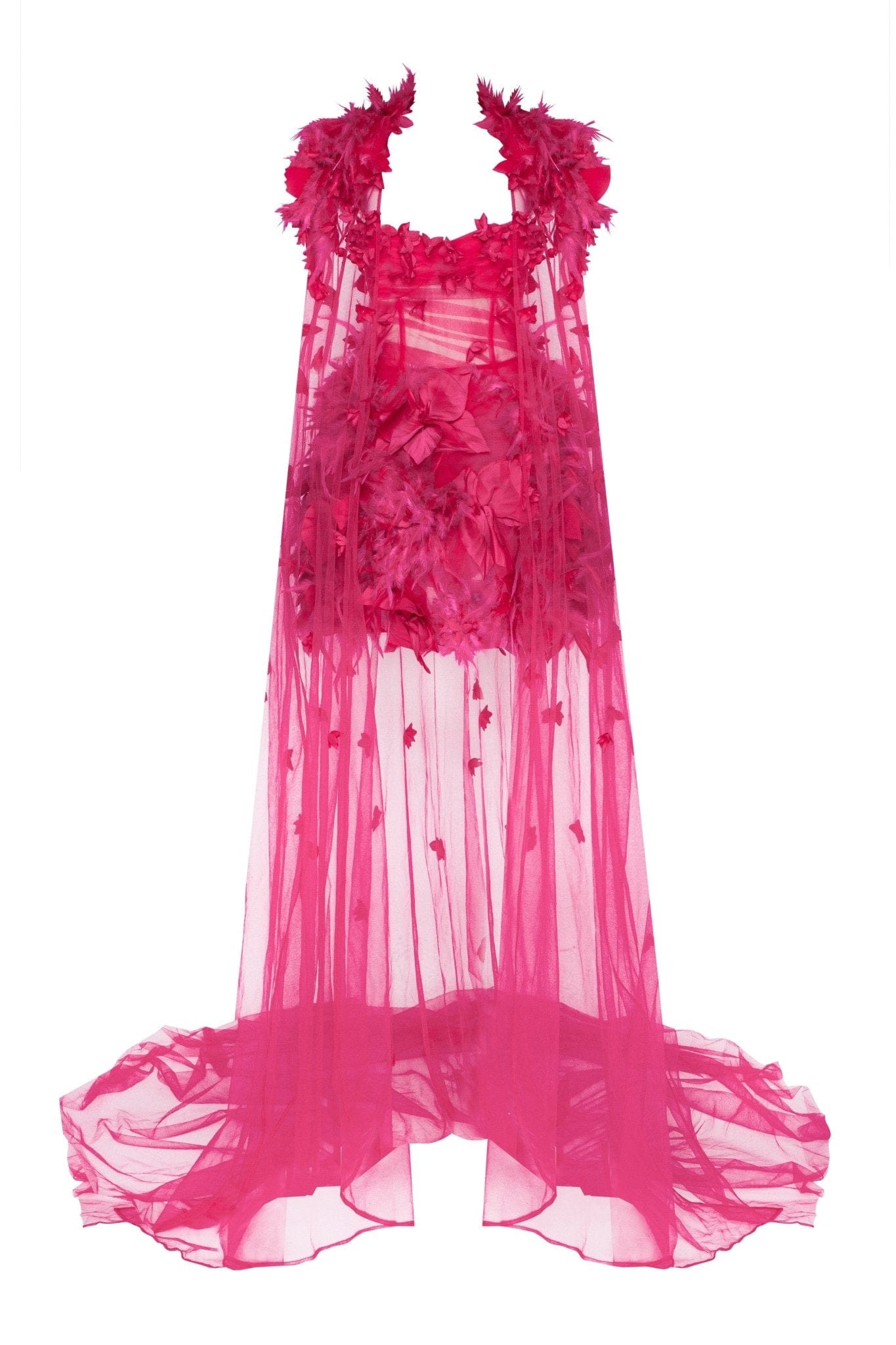 Epic fuchsia tulle mini dress with floral and feather aplication - Milla