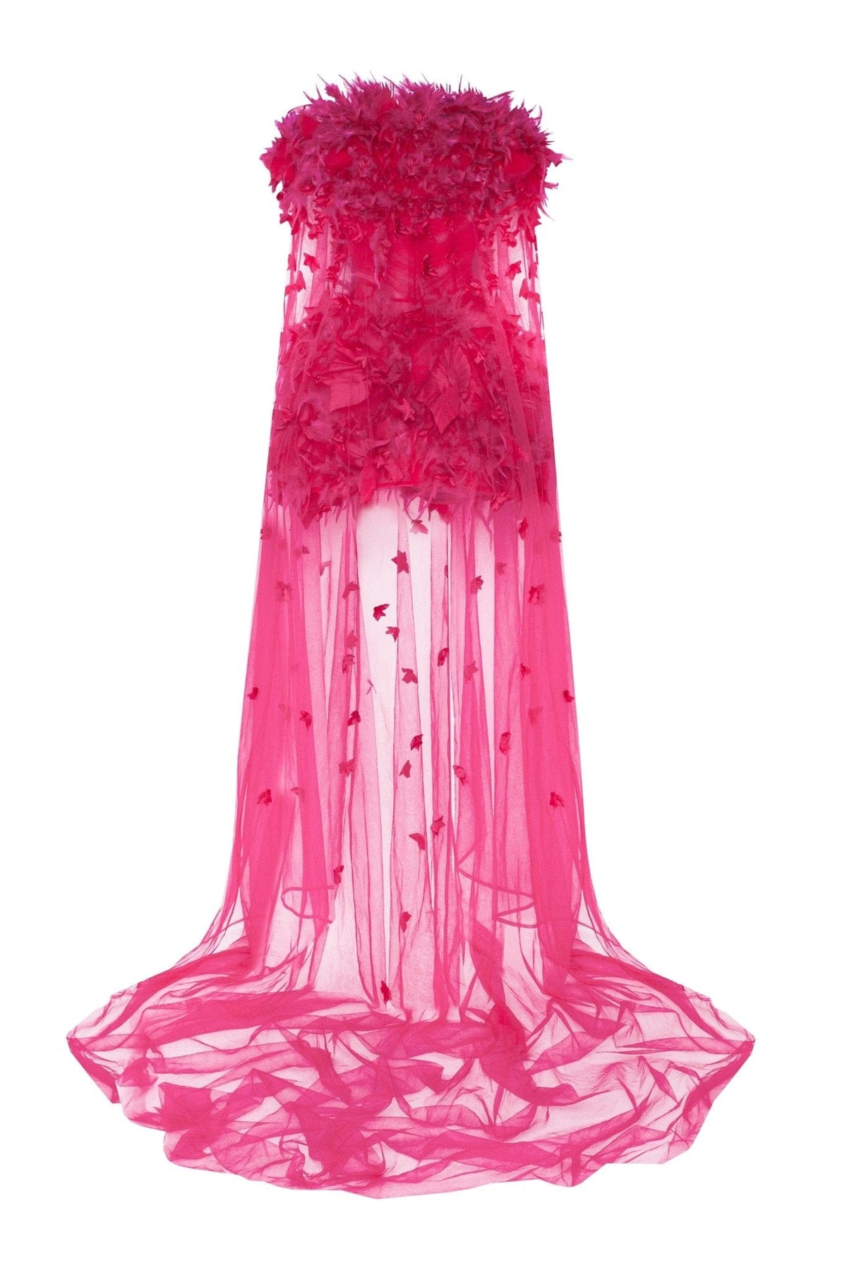 Epic fuchsia tulle mini dress with floral and feather application Milla ...