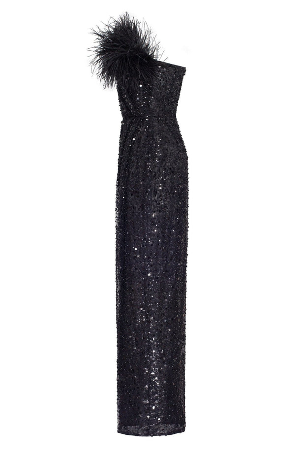 Striking one-shoulder maxi dress with feathers and sequins - Milla