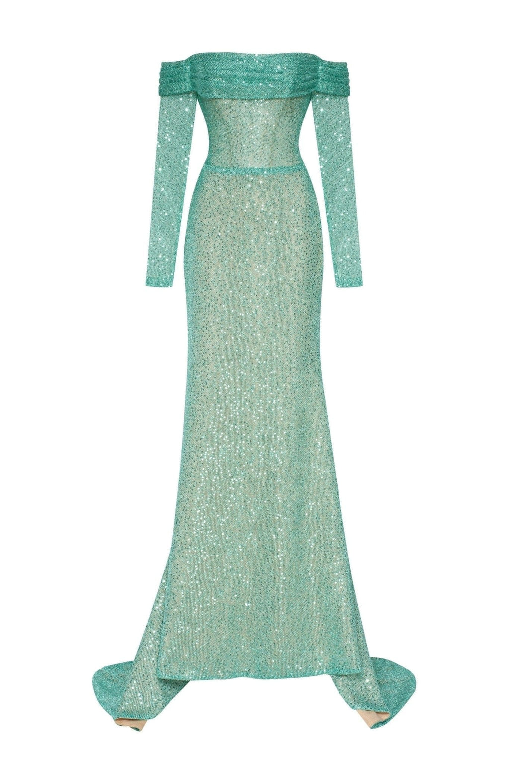 Mint Green Romantic off-the-shoulder sparkling long dress - Milla