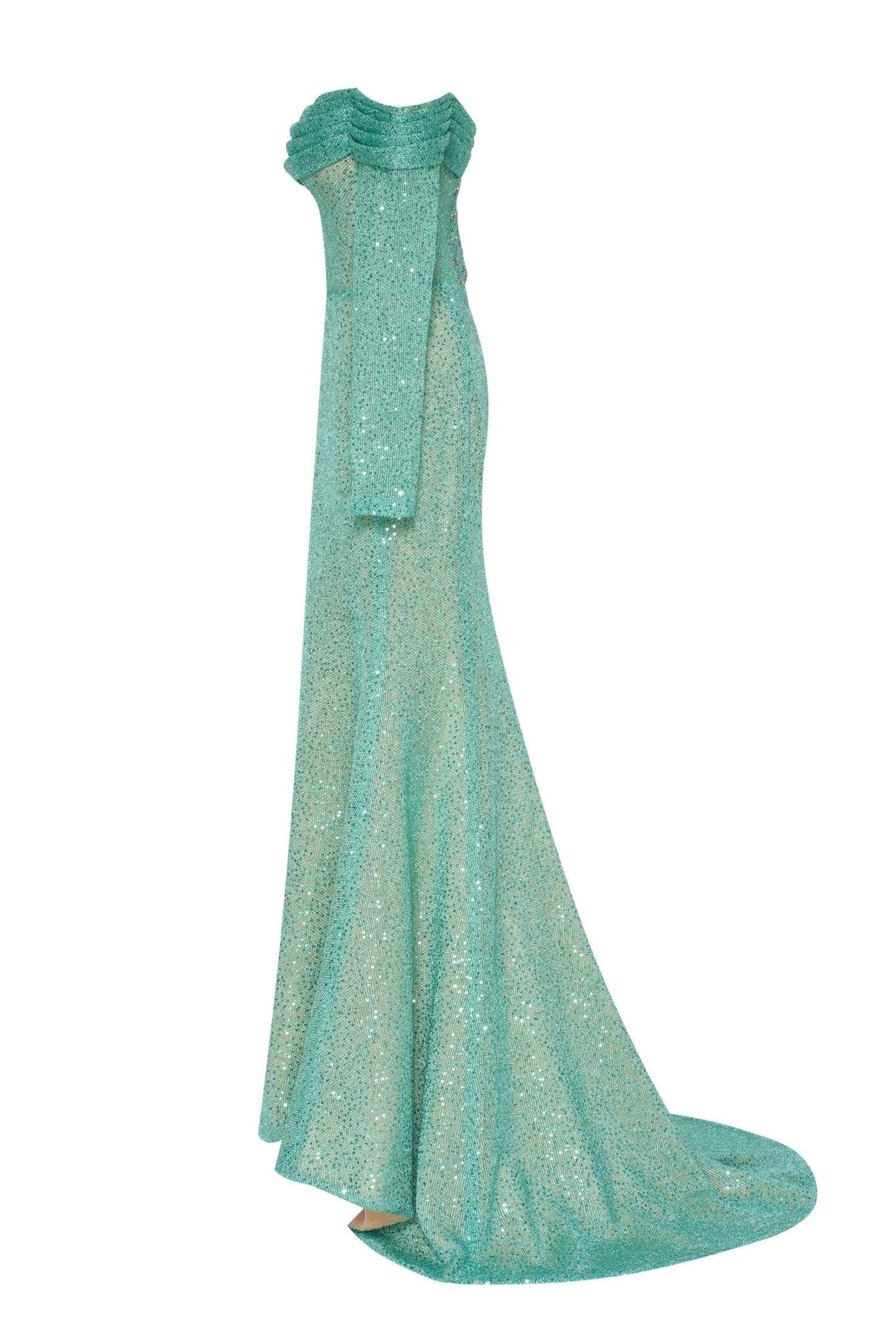 Mint Green Romantic off-the-shoulder sparkling long dress - Milla