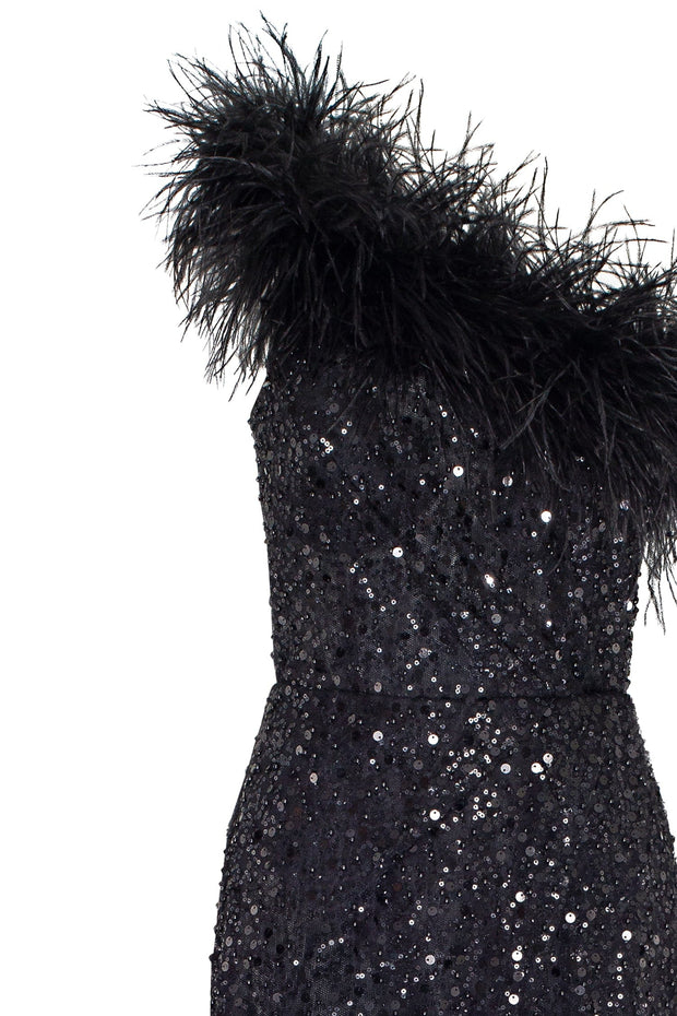 Striking one-shoulder maxi dress with feathers and sequins - Milla