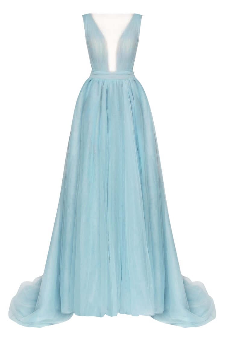 Ocean Wave Bow-Back Maxi Evening Tulle Dress - Milla