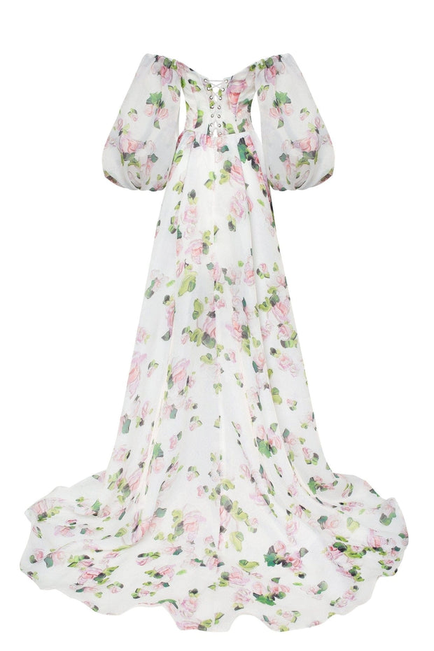 Apple Blossom Elegant floral puff sleeve maxi dress - Milla