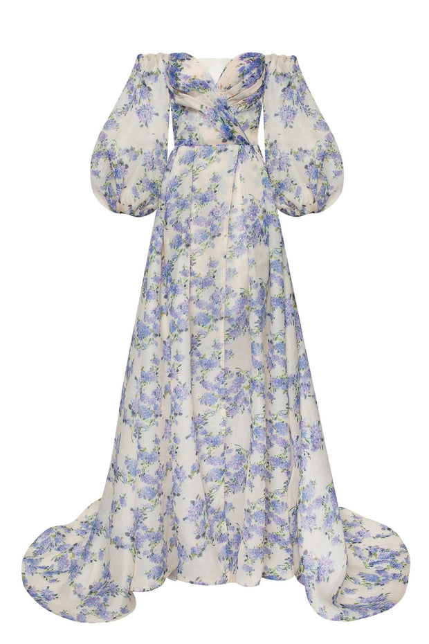 Hydrangea Elegant floral puff sleeve maxi dress - Milla