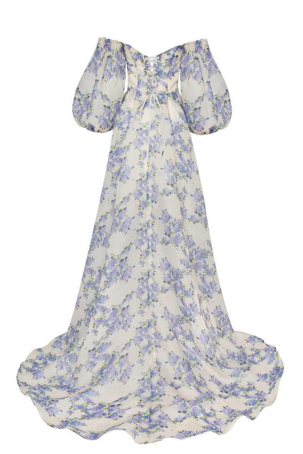 Women Extra-long Floral Print Chiffon Big Hemline Holiday Puff Sleeve Maxi  Dress | eBay
