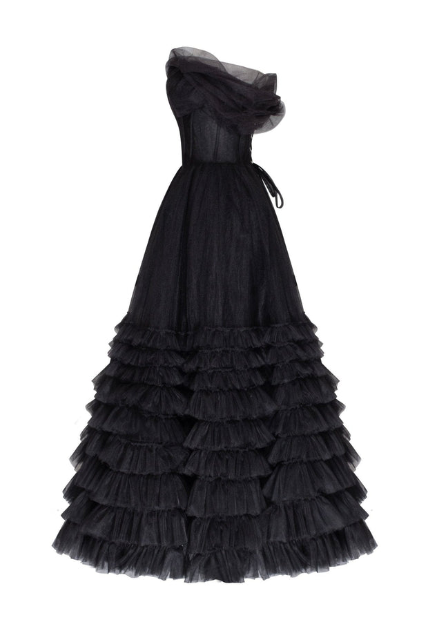 Cute one-shoulder frill-layered midi dress in black - Milla