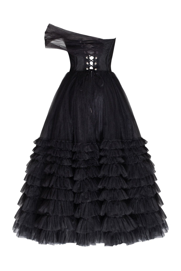 Cute one-shoulder frill-layered midi dress in black - Milla