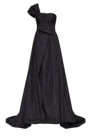 Black taffeta evening gown with a high slit and one-shoulder wrap top ...