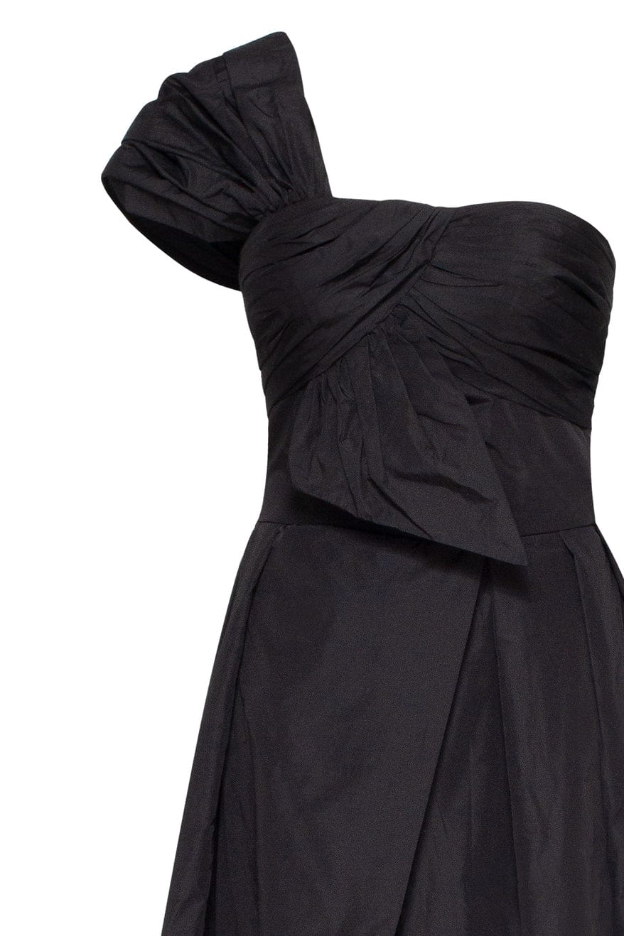 Black taffeta evening gown with a high slit and one-shoulder wrap top - Milla
