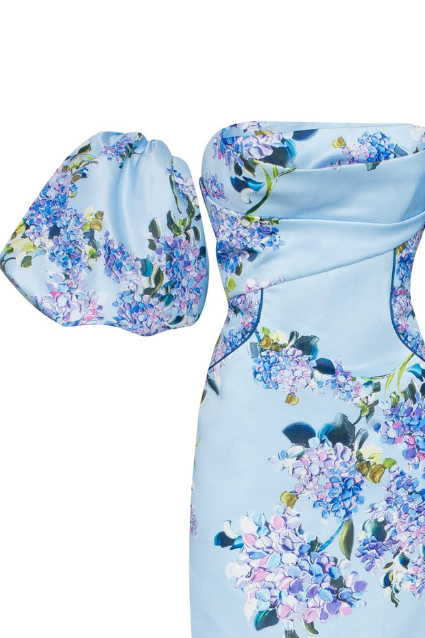 Blue Hydrangea puff-sleeve midi dress - Milla