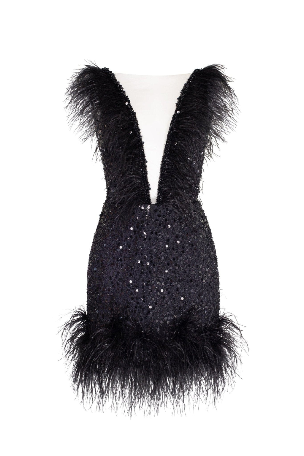 Dramatic cocktail dress on straps decorated with sequins and feathers - Milla