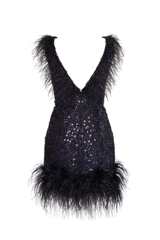Dramatic cocktail dress on straps decorated with sequins and feathers - Milla