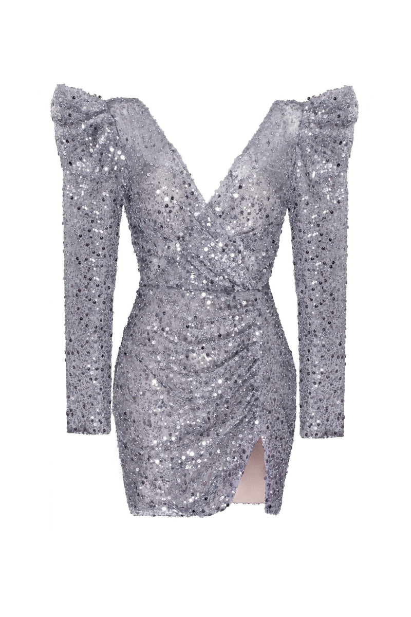 Silver metallic long-sleeve sequined mini dress Milla Dresses - USA ...