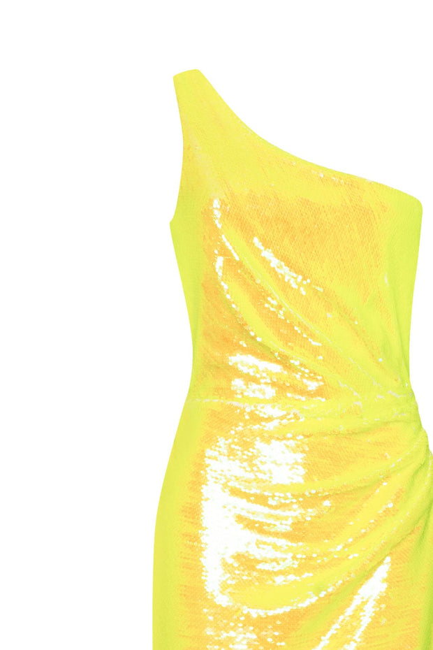 Vivid one-shoulder yellow sparkling wrapped midi dress - Milla