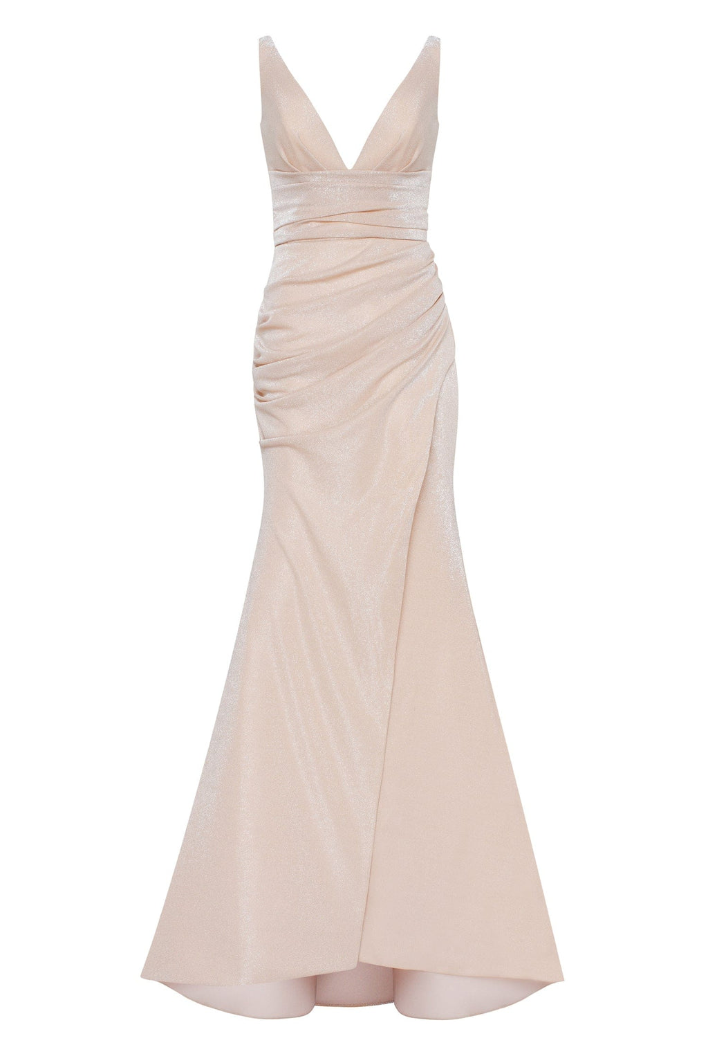 Shiny evening maxi dress on straps with a daring high slit - Milla