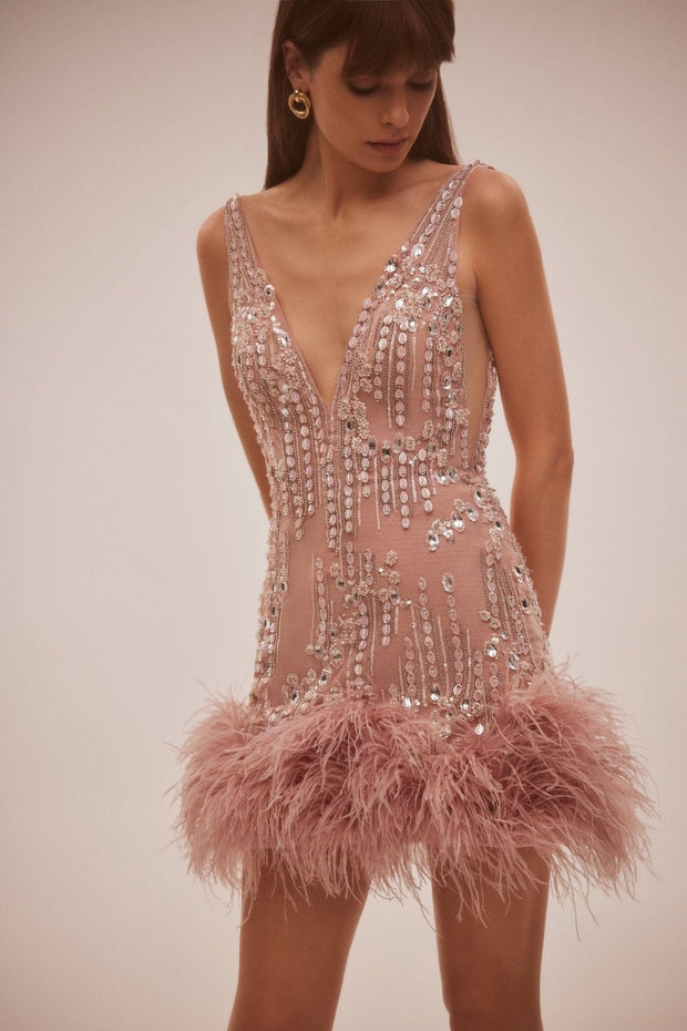 Fabulous mini dress on straps adorned with crystals and feathers - Milla